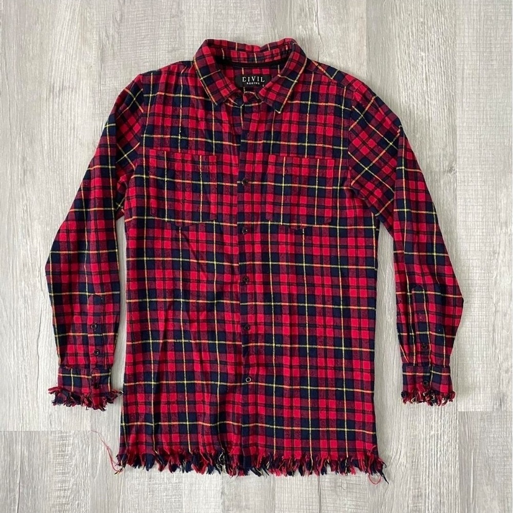 Civil Regime Men Red Plaid Shirt SzM Raw Hem Cotton FactoryDistressed Streetwear